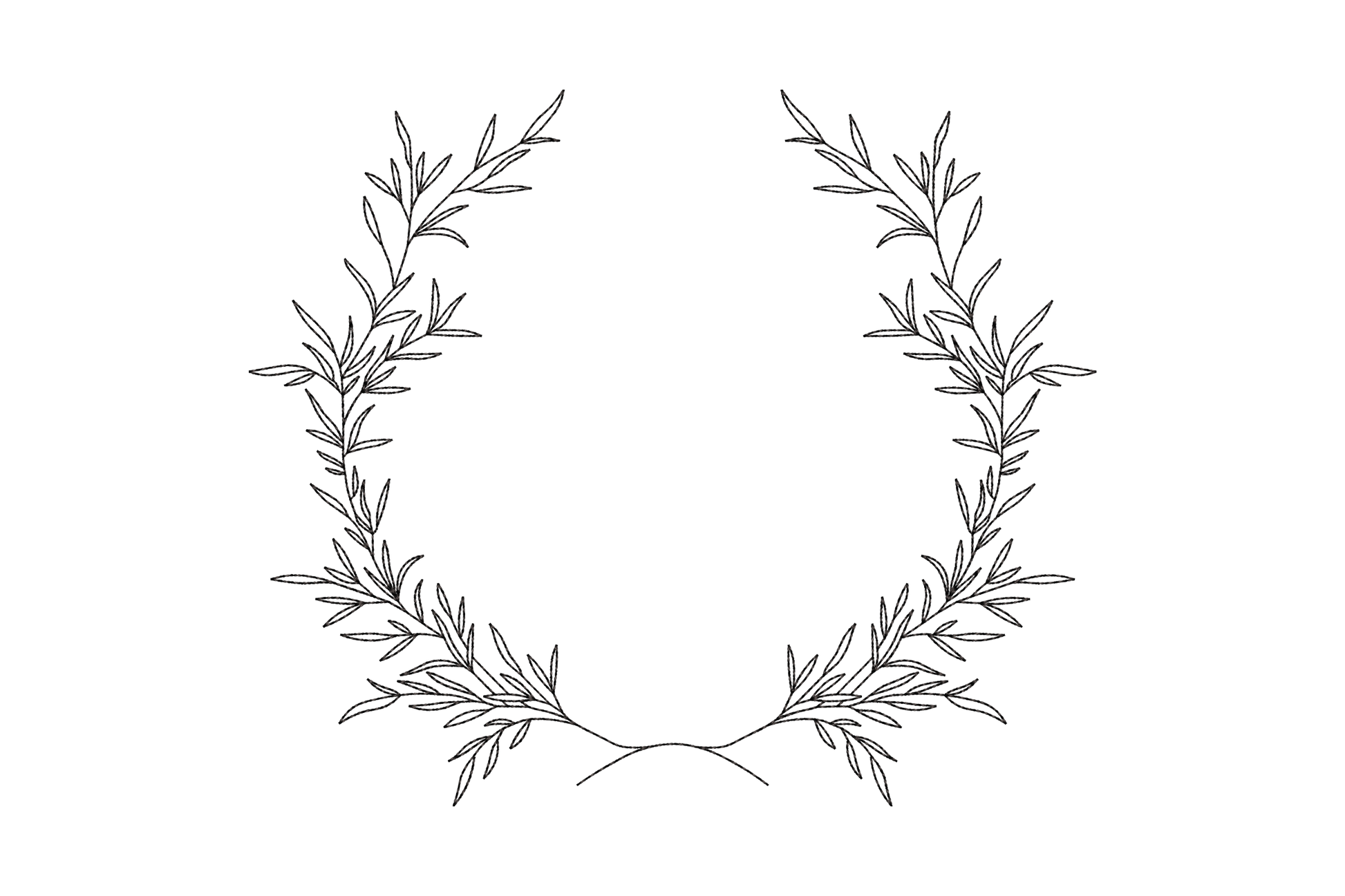 Laurel leaf wreath outline embroidery design in black run stitch with elongated olive-style leaves, open at the top and meeting at the base in a formal seal silhouette.