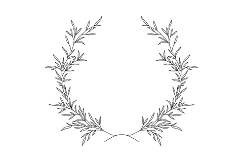 Laurel leaf wreath outline embroidery design in black run stitch with elongated olive-style leaves, open at the top and meeting at the base in a formal seal silhouette.
