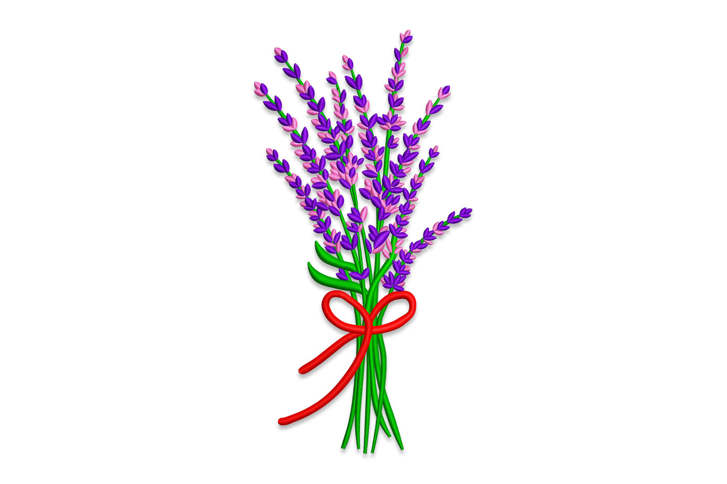 Lavender bouquet with red ribbon embroidery design showing an upright bunch of purple and lilac lavender stems tied at the base with a vivid red satin bow and long ribbon tails.