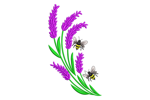 Lavender flowers with bees embroidery, three purple spikes with green stems and two bumblebees with yellow-black stripes and translucent wings.