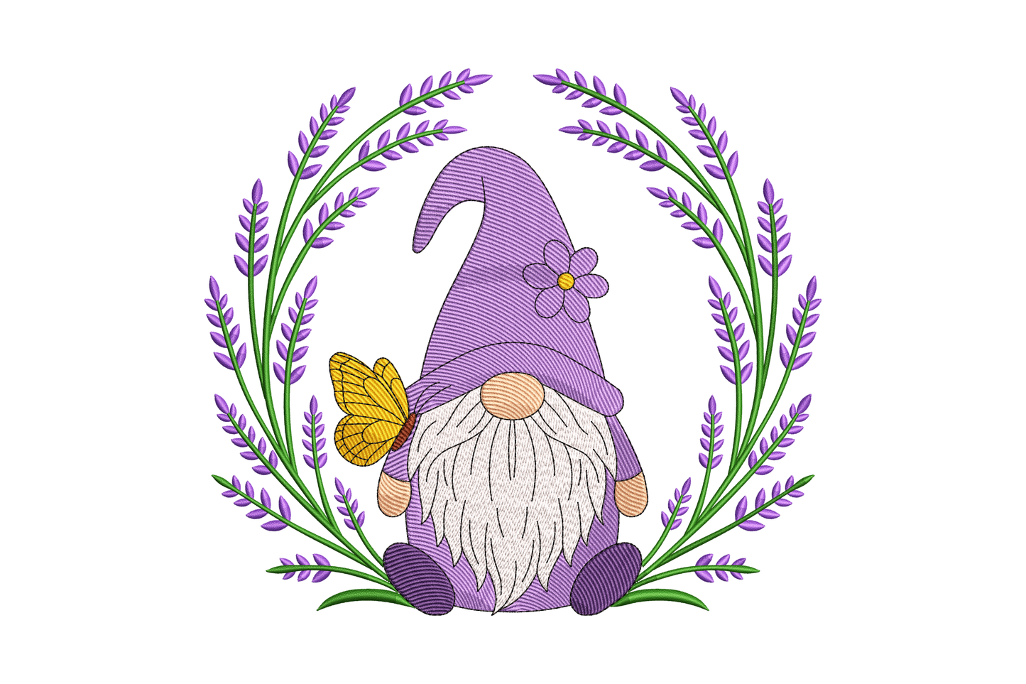 Gnome with a purple hat and white beard surrounded by lavender flowers on a white background