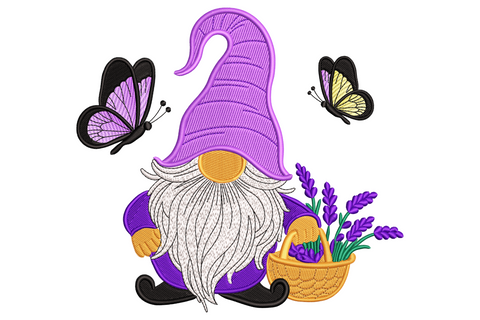 Lavender gnome with butterflies embroidery, purple pointed hat, white beard, basket of lavender sprigs and two flanking butterflies.