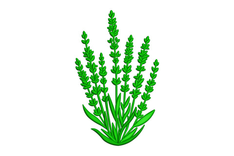 Lavender plant embroidery design, seven dense stalks with satin-filled leaves in dark green