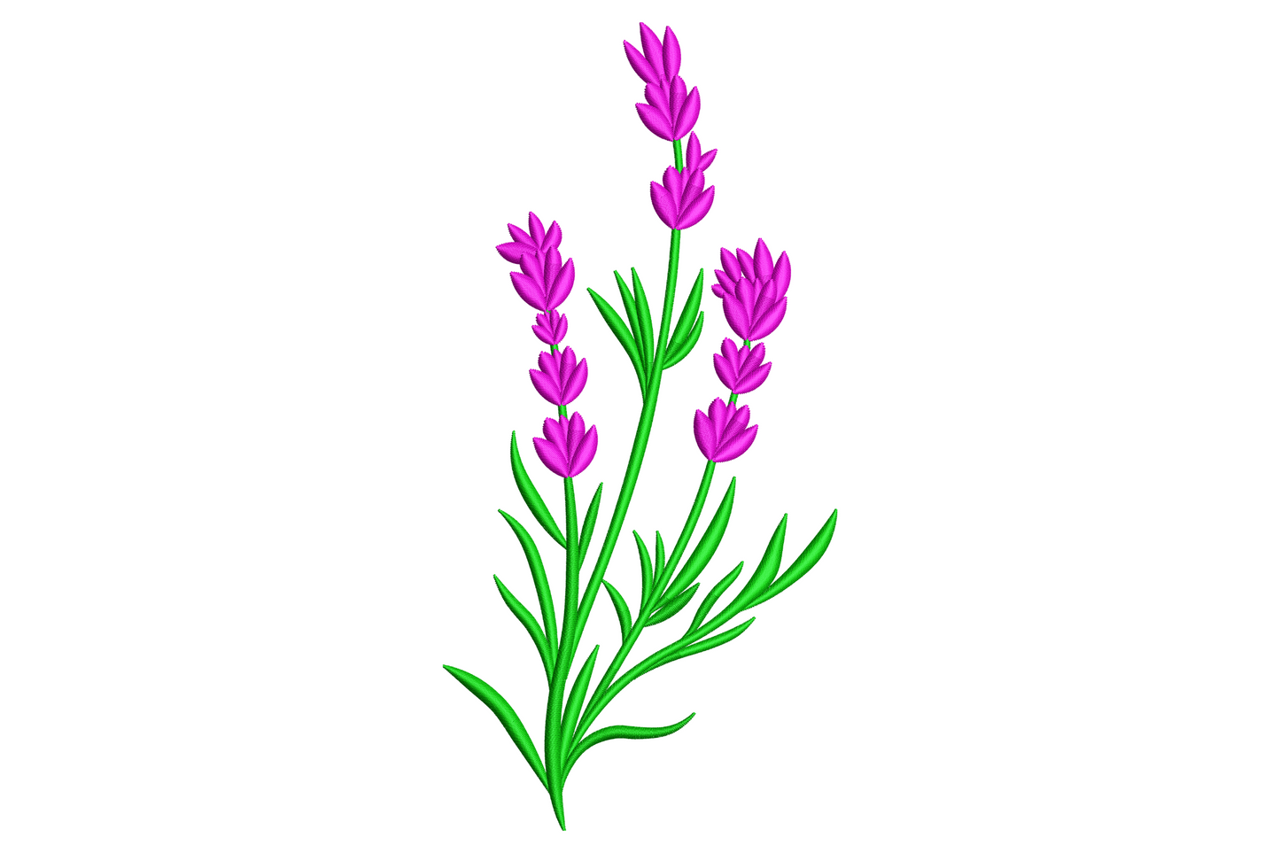 Lavender stem embroidery design with a slim sage green stalk, two small leaves and clustered dusty purple buds running up the top third.