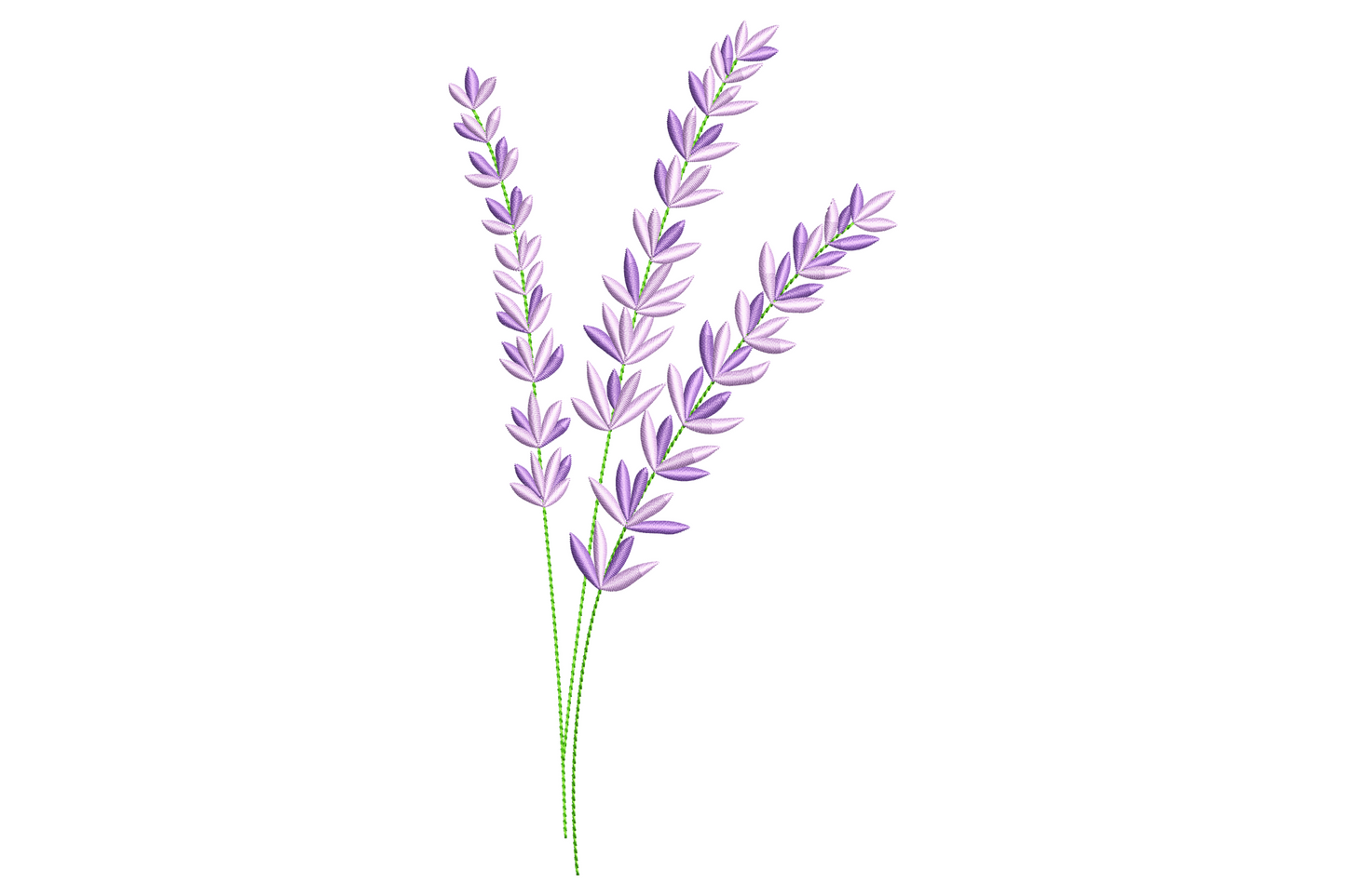 Lavender stem spray embroidery design with three slim stalks, lilac teardrop buds, kelly green dotted stems.