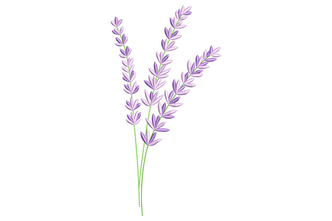Lavender stem spray embroidery design with three slim stalks, lilac teardrop buds, kelly green dotted stems.