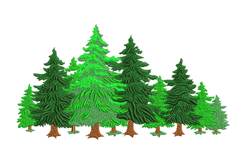 Layered evergreen forest tree line embroidery design with pine trees in two shades of green and brown trunks forming a natural woodland silhouette