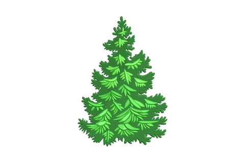 Layered pine tree embroidery with three green tones showing bright tips, mid-green body and shadow on each branch tier