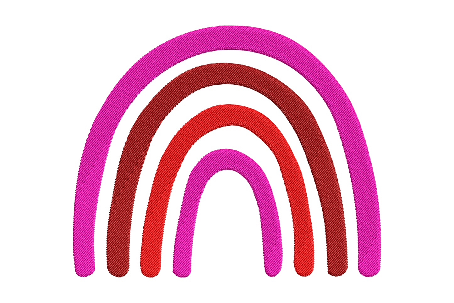Valentine rainbow embroidery with layered satin arcs in hot pink, dark red and red, 4 sizes from 1.24 to 4.5 inches wide, 3 thread colours