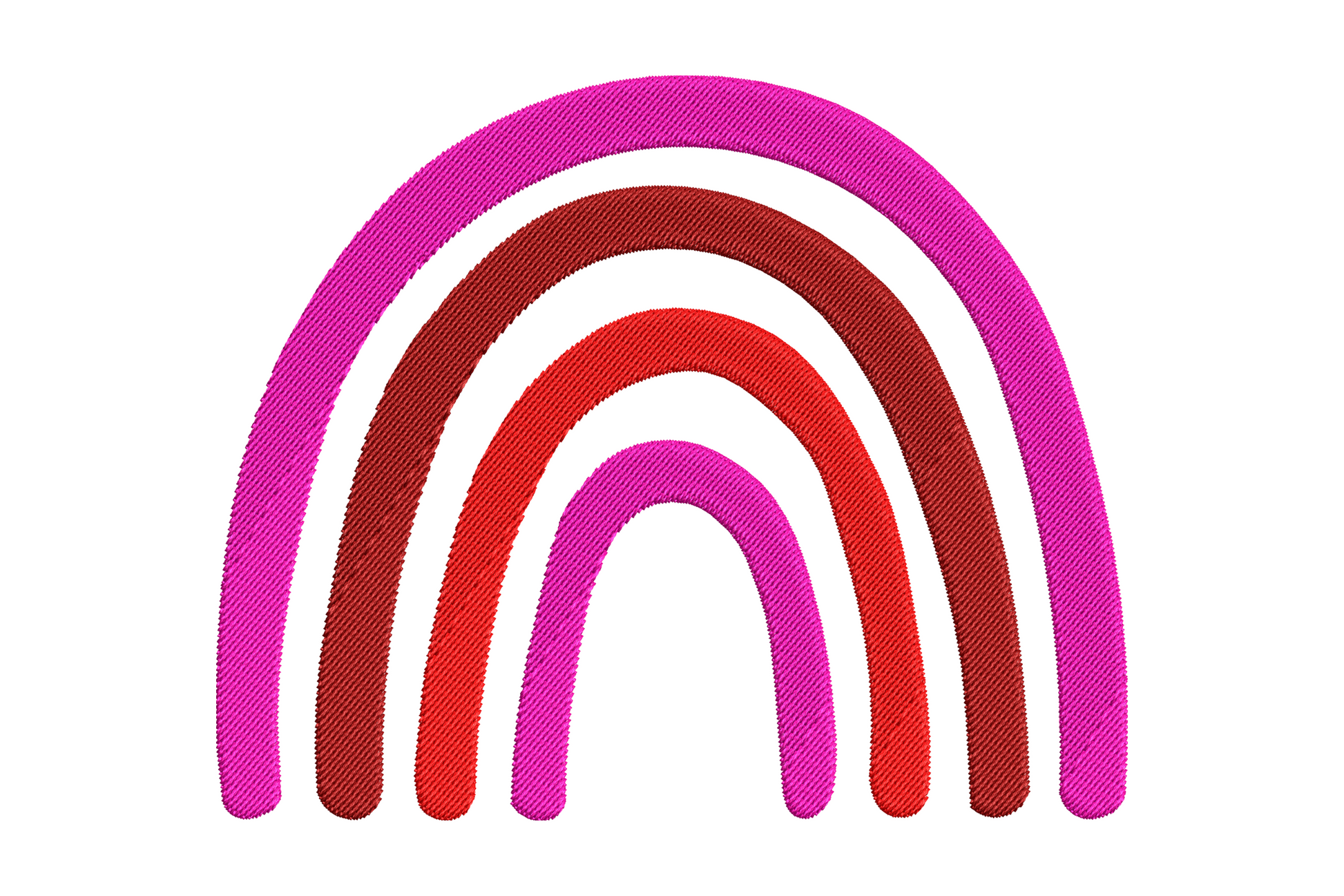 Valentine rainbow embroidery with layered satin arcs in hot pink, dark red and red, 4 sizes from 1.24 to 4.5 inches wide, 3 thread colours
