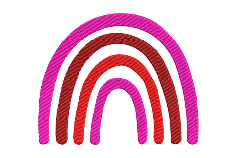 Valentine rainbow embroidery with layered satin arcs in hot pink, dark red and red, 4 sizes from 1.24 to 4.5 inches wide, 3 thread colours
