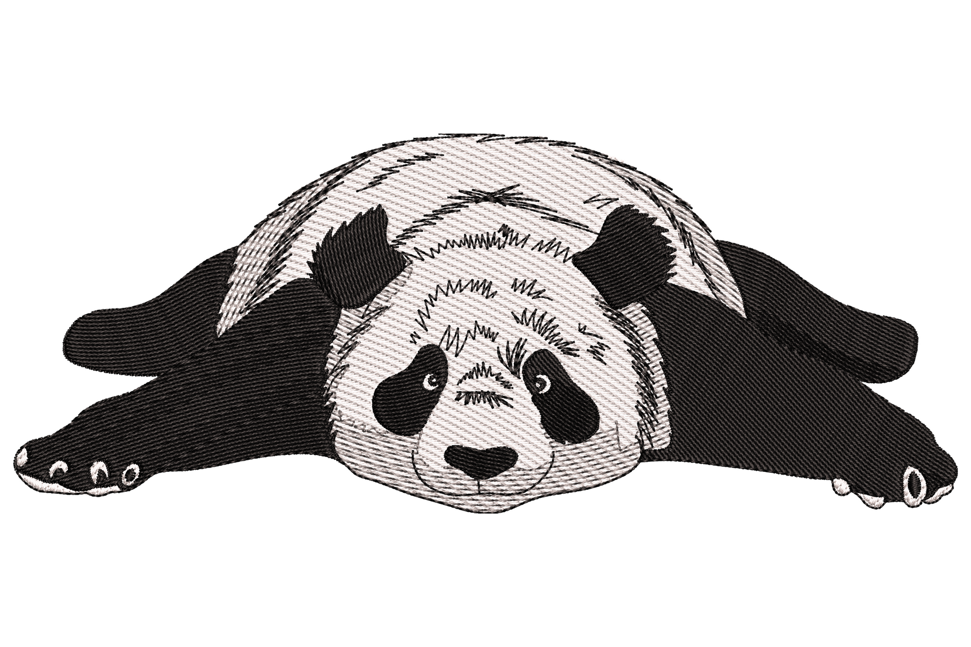 Lazy panda embroidery with black bear lying flat on belly, arms splayed wide, sleepy face and cream sketch fur lines on body.