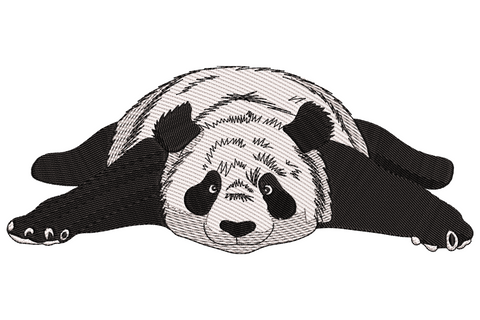 Lazy panda embroidery with black bear lying flat on belly, arms splayed wide, sleepy face and cream sketch fur lines on body.