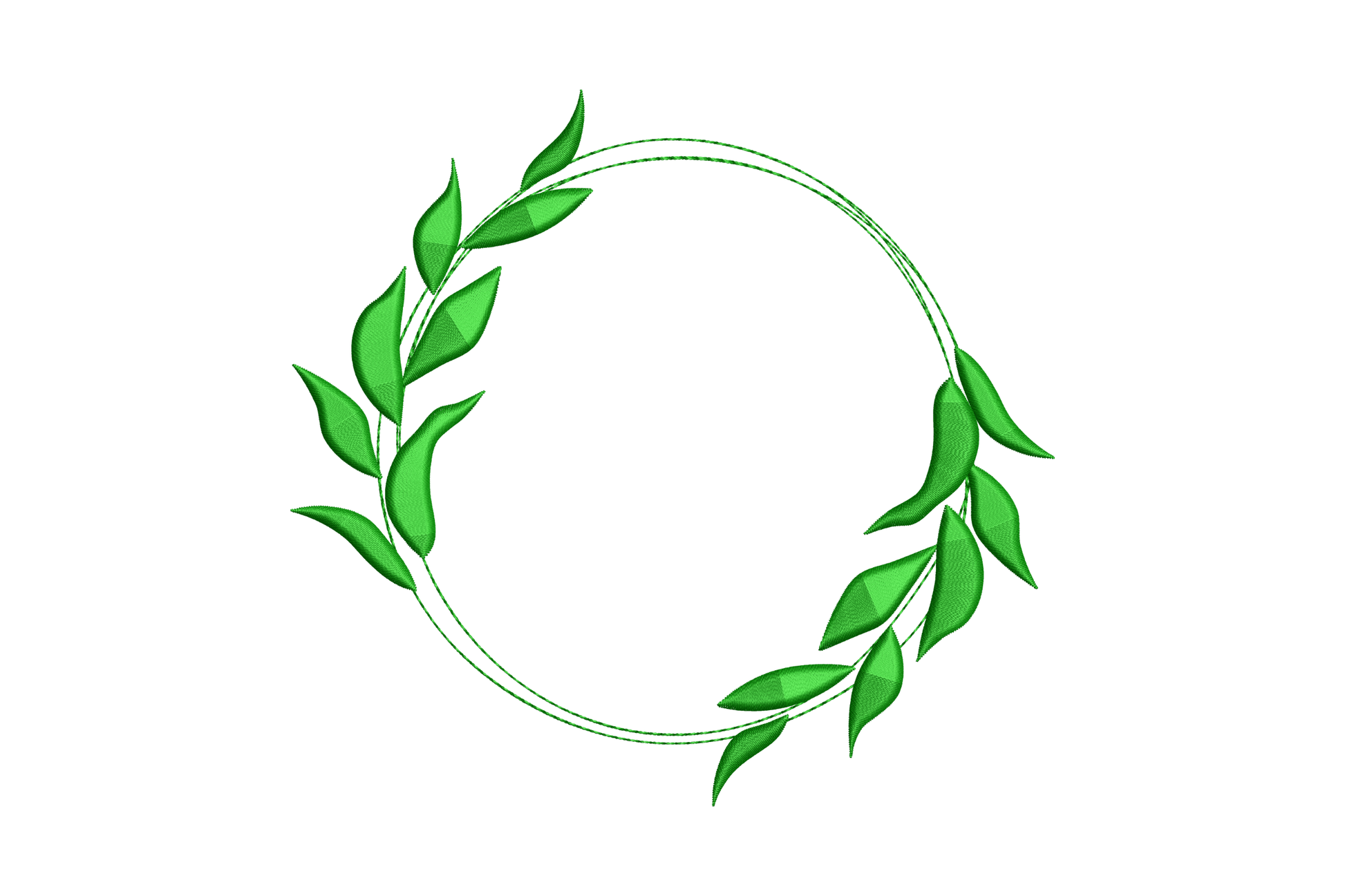 Leaf branch circle frame embroidery design with thin double rings and small green leaf sprigs at base, open centre for text, 2 to 5.6 inch sizes.