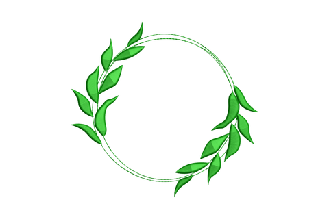 Leaf branch circle frame embroidery design with thin double rings and small green leaf sprigs at base, open centre for text, 2 to 5.6 inch sizes.