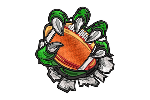 Leaf wrapped basketball embroidery design with green clawed hand gripping orange basketball inside a torn jagged burst shape, 9-colour fill.