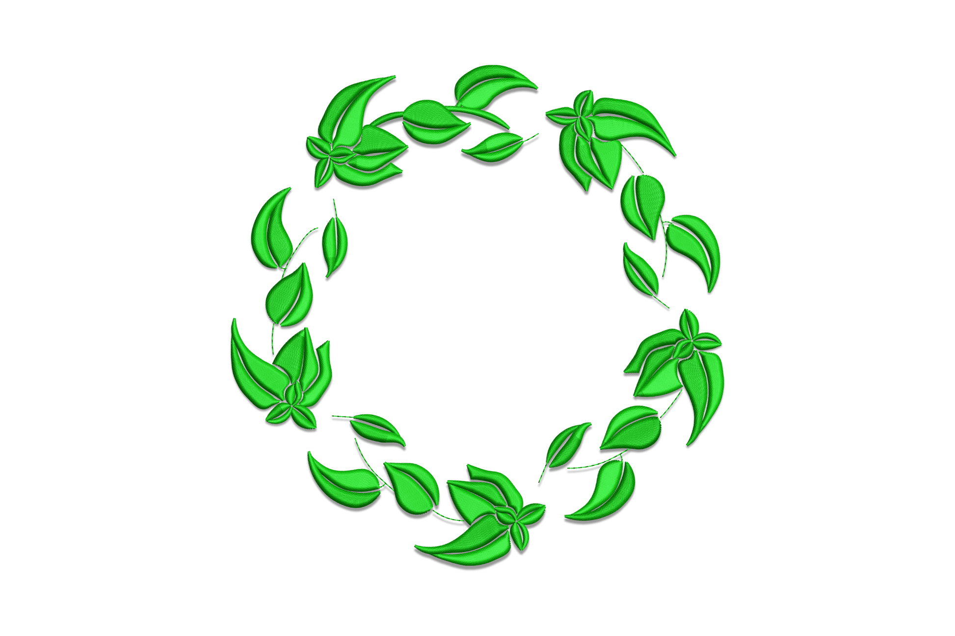 Dark green leaf wreath circle machine embroidery design, single colour monochrome botanical on white background