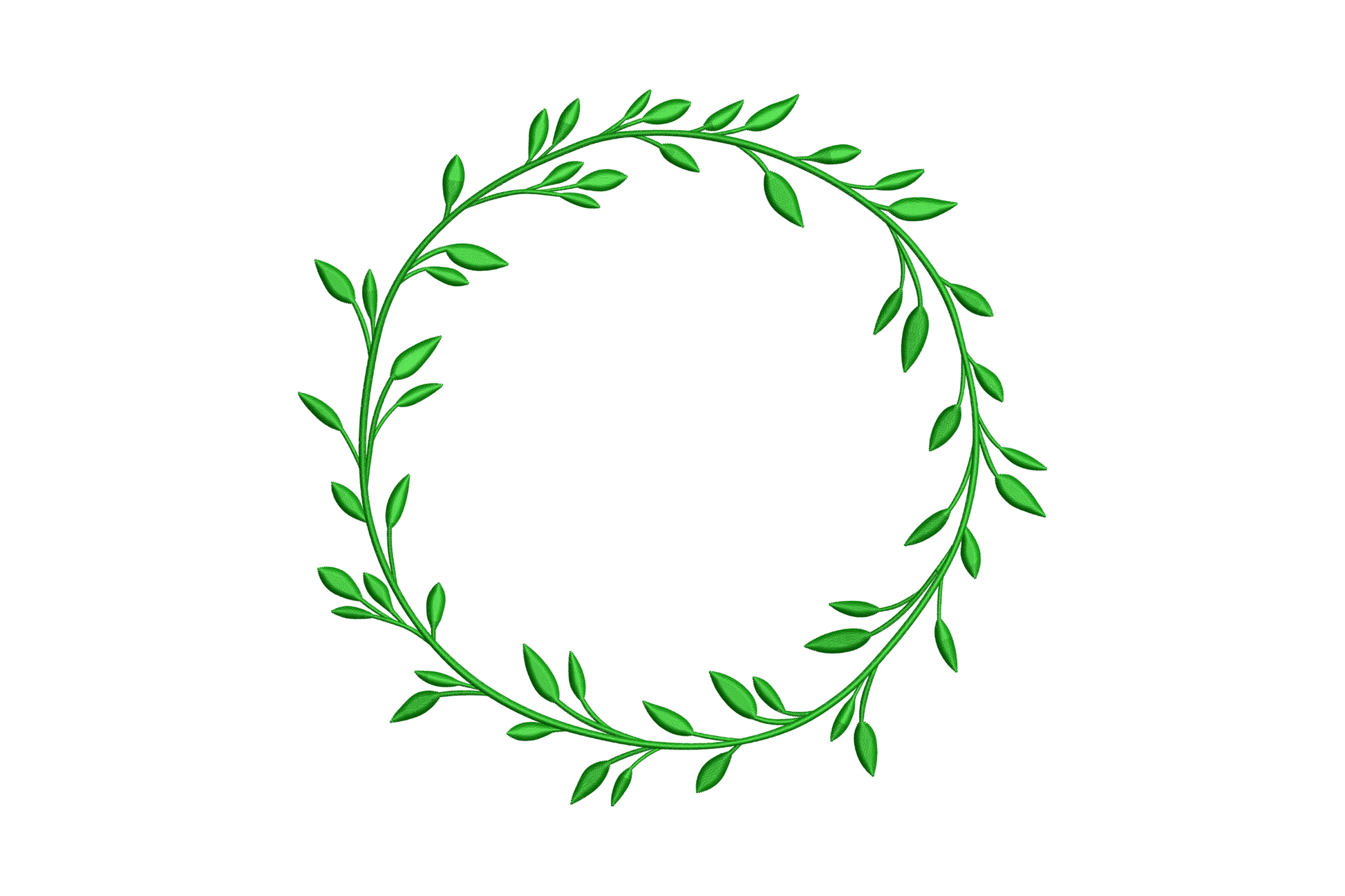 Leaf wreath embroidery design with dark green oval leaves on a circular vine, open centre, 3 to 8 inch sizes, single colour.