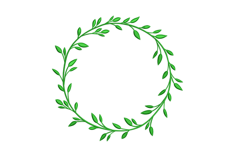 Leaf wreath embroidery design with dark green oval leaves on a circular vine, open centre, 3 to 8 inch sizes, single colour.