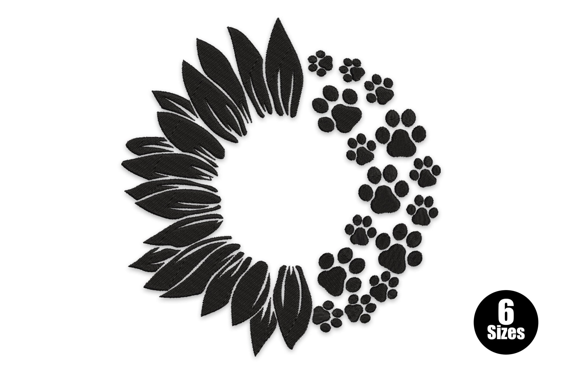 Leaf paw print wreath embroidery design, leaf petals left arc and paw prints right arc, black on white.