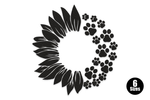 Leaf paw print wreath embroidery design, leaf petals left arc and paw prints right arc, black on white.