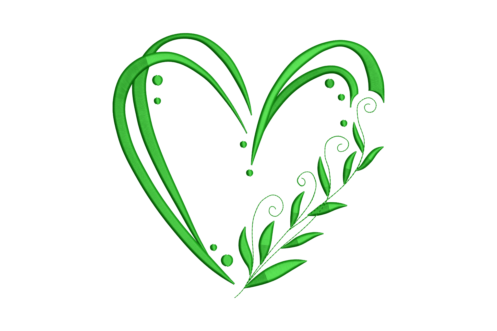 Leafy green heart frame embroidery, triple-stroke satin outline, curling botanical branch with five leaves at lower right.