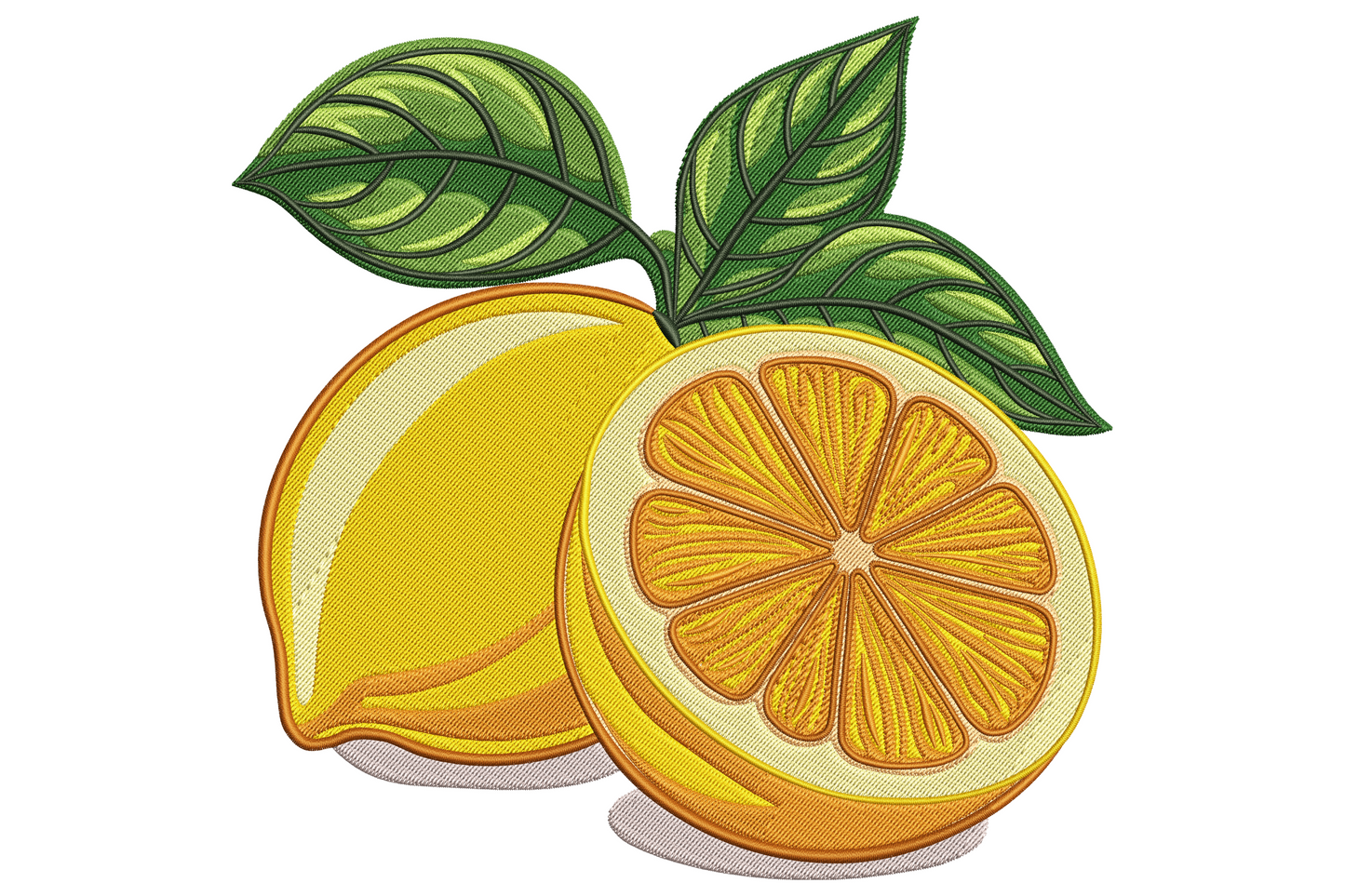 Lemon slice embroidery design with a whole yellow lemon, sliced cross-section and three green leaves above.