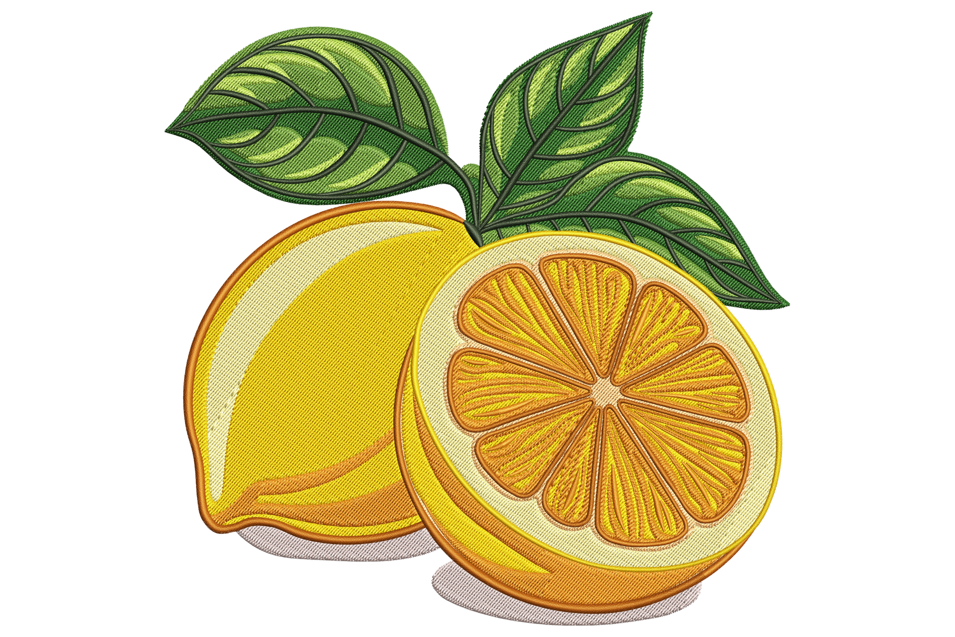 Lemon slice embroidery design with a whole yellow lemon, sliced cross-section and three green leaves above.