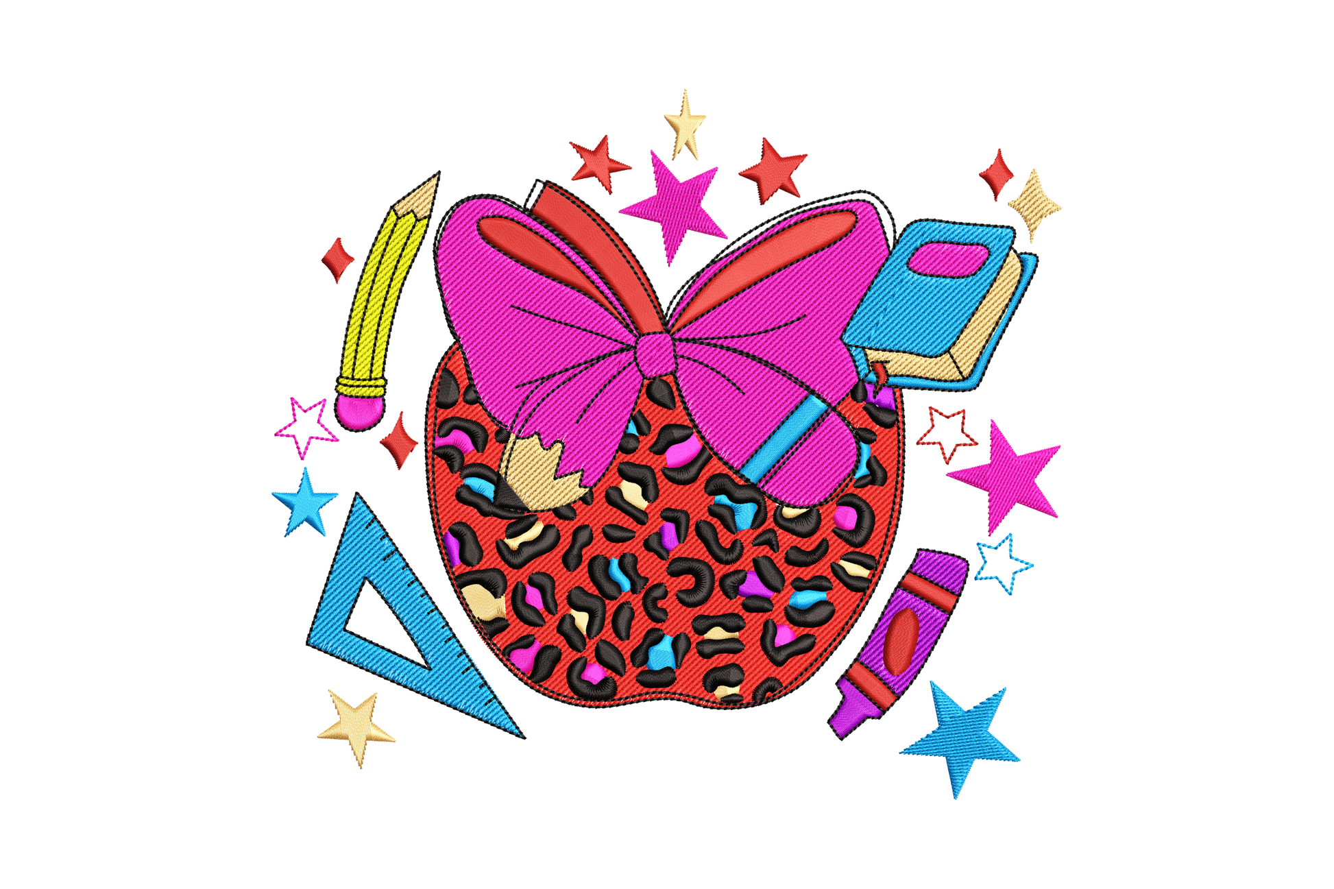 Leopard-print red apple embroidery with magenta bow, green leaf stem and scattered school supplies including pencil and stars.
