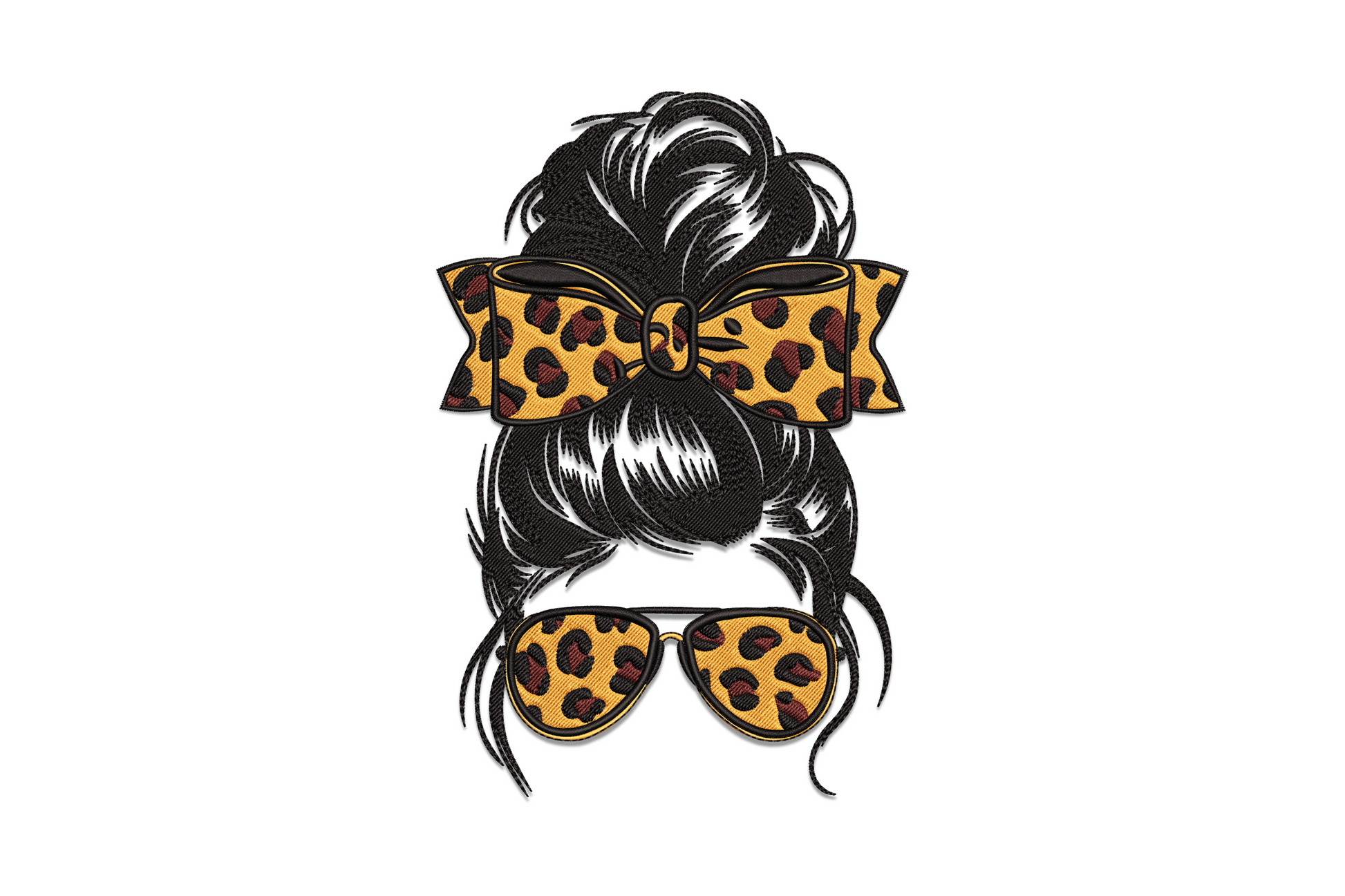 Leopard bow messy bun embroidery design top-down view with matching leopard sunglasses, amber and black satin leopard print detail.