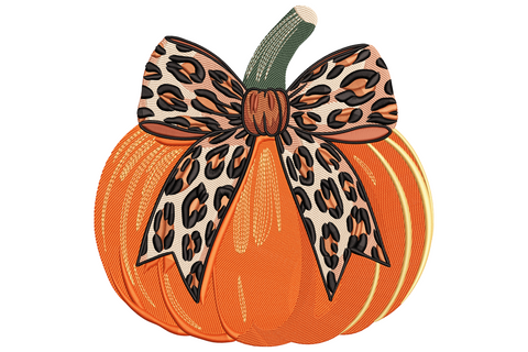 Round leopard print pumpkin embroidery with tan base, brown rosette spots, soft pink bow tied around green stem, trailing tails draping down side, hand-drawn fall mood.