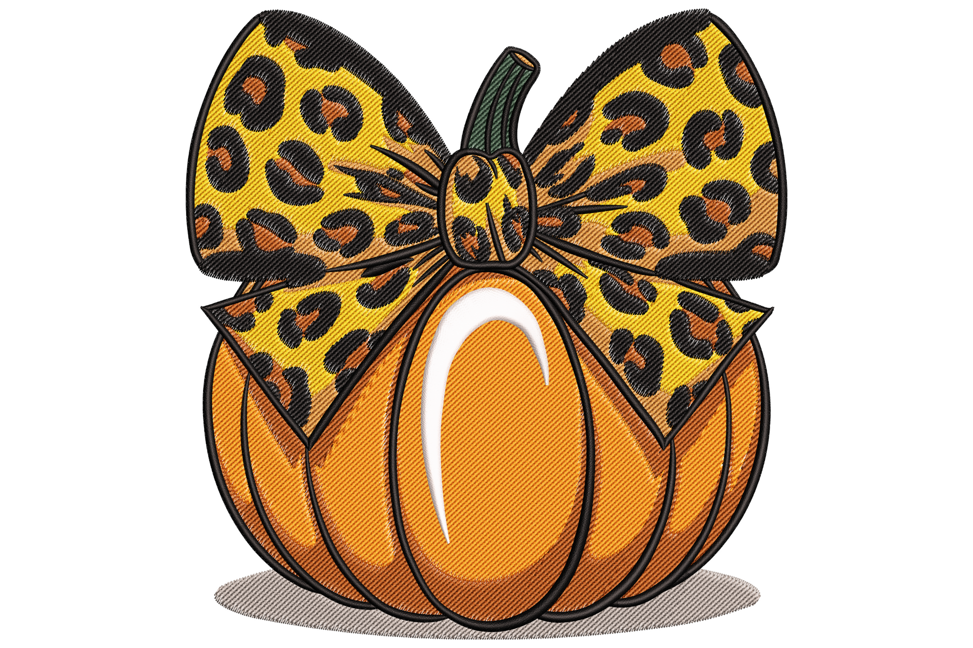 Pumpkin embroidery design with oversized leopard-print bow on top, orange ribbed body, green stem and grey shadow base.