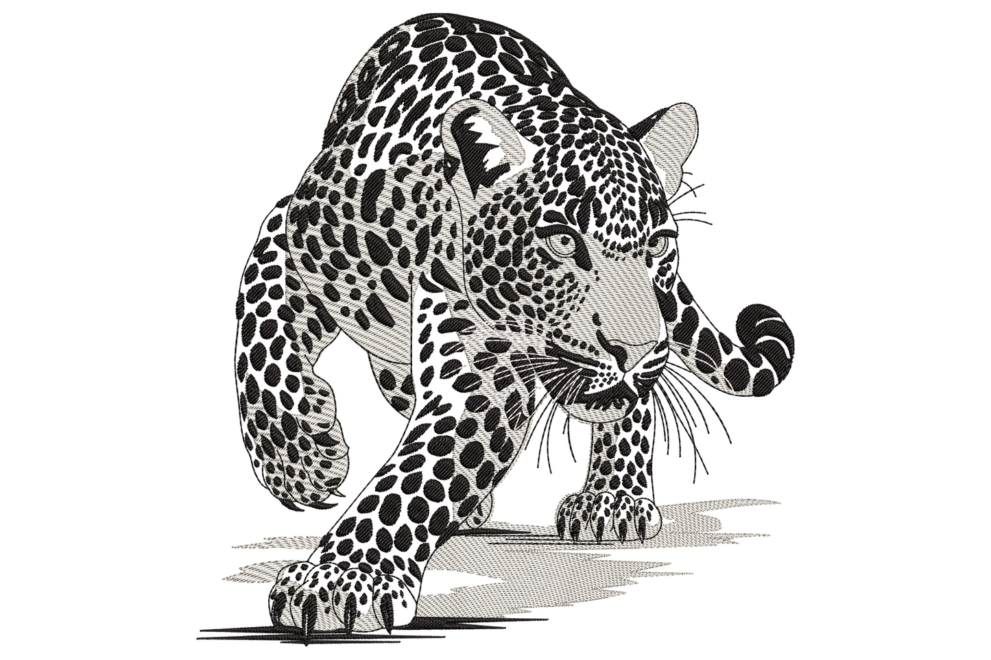 Realistic crouching leopard embroidery design with dense spot patterning, directional fur stitching in black and grey.