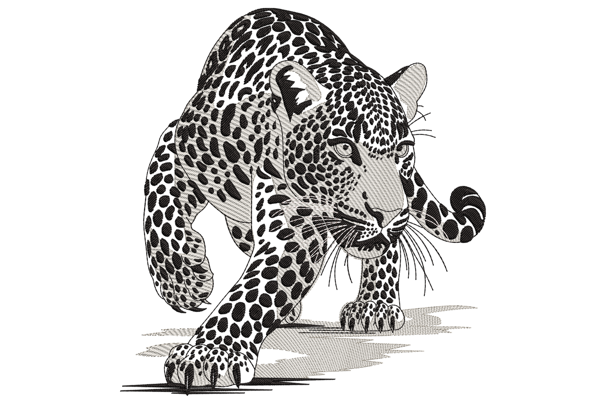 Realistic crouching leopard embroidery design with dense spot patterning, directional fur stitching in black and grey.