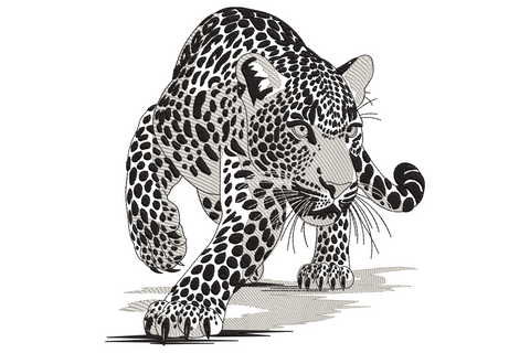 Realistic crouching leopard embroidery design with dense spot patterning, directional fur stitching in black and grey.
