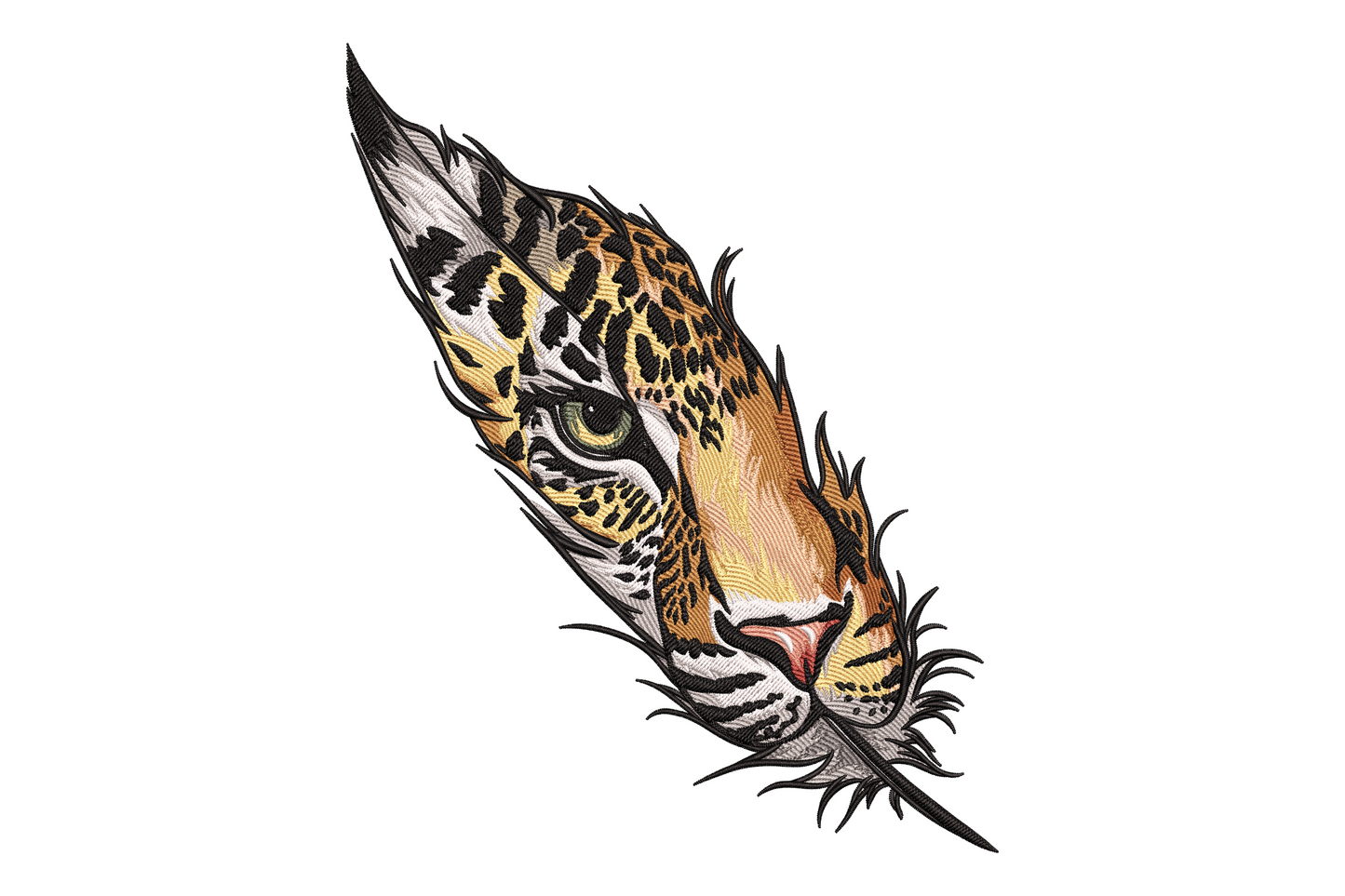 Leopard face embroidery inside feather silhouette, directional fur stitching in amber and charcoal with olive green eye.