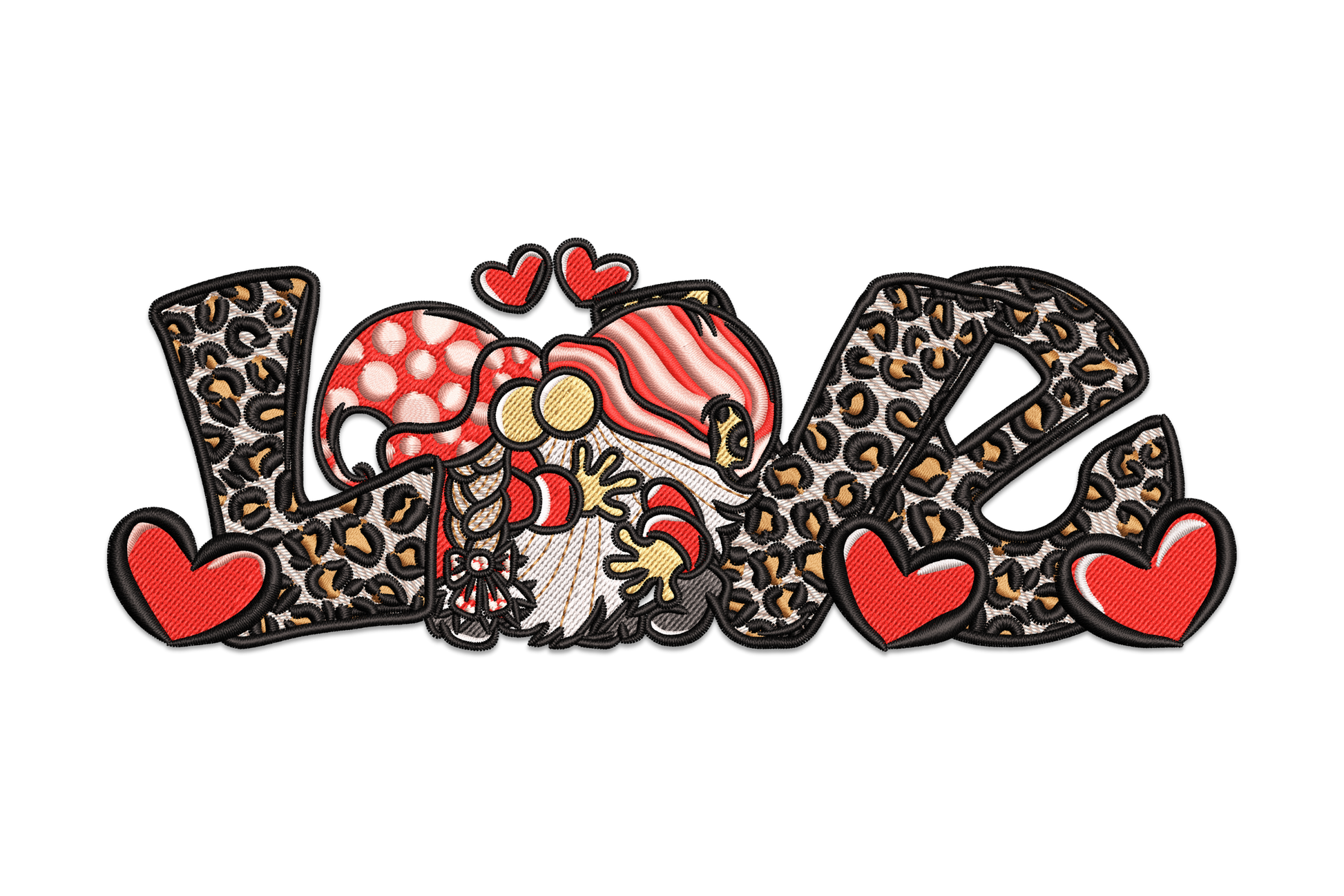 Leopard Love Gnome valentine embroidery with LOVE in leopard print block letters, cute gnome peeking from behind in red hat, scattered red hearts