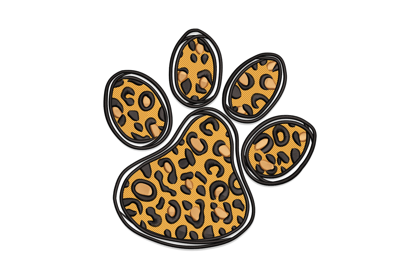 Leopard paw print embroidery design with orange fill, brown spots and bold black outline on each toe pad, wild animal print style.