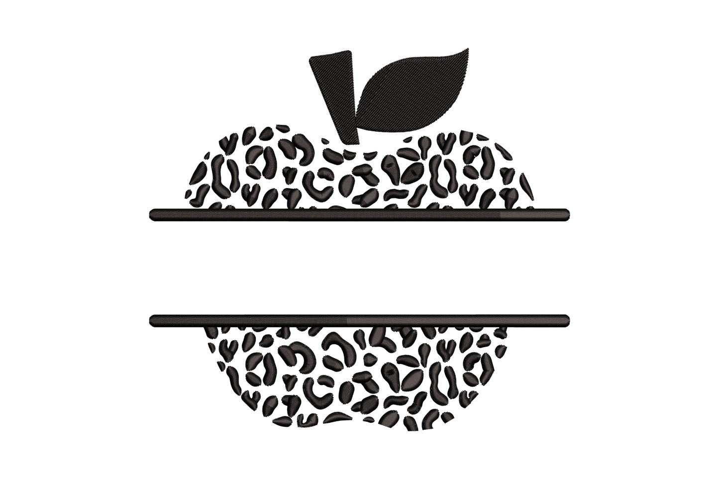 Leopard print apple split monogram embroidery design, black leopard-spot apple in two halves for monogram placement, machine embroidery pattern for teacher gifts.