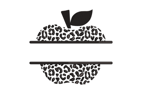 Leopard print apple split monogram embroidery design, black leopard-spot apple in two halves for monogram placement, machine embroidery pattern for teacher gifts.