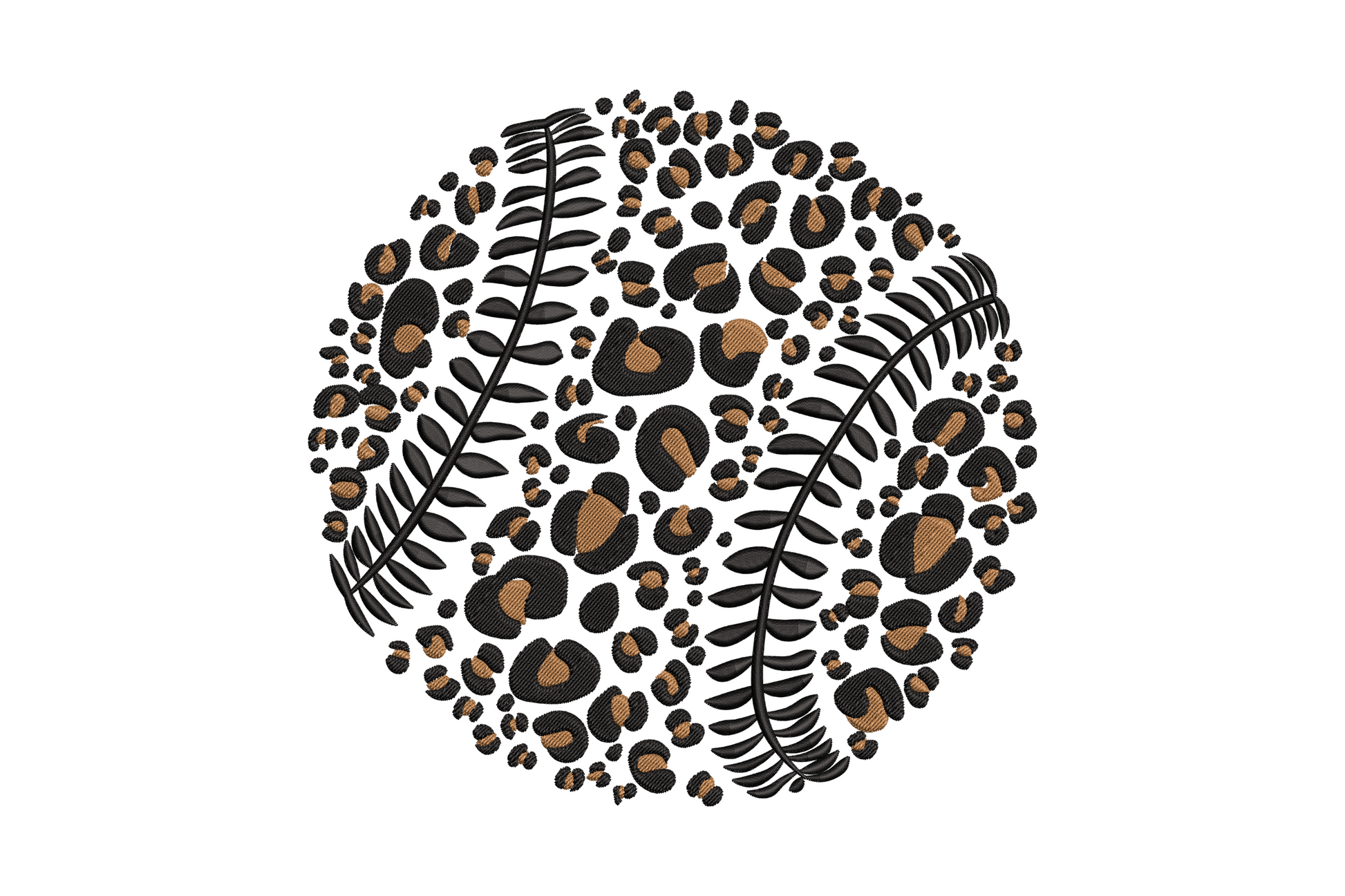 Leopard print baseball embroidery, round baseball with leopard spots in black and tan, 2 color dense fill design