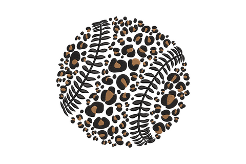 Leopard print baseball embroidery, round baseball with leopard spots in black and tan, 2 color dense fill design