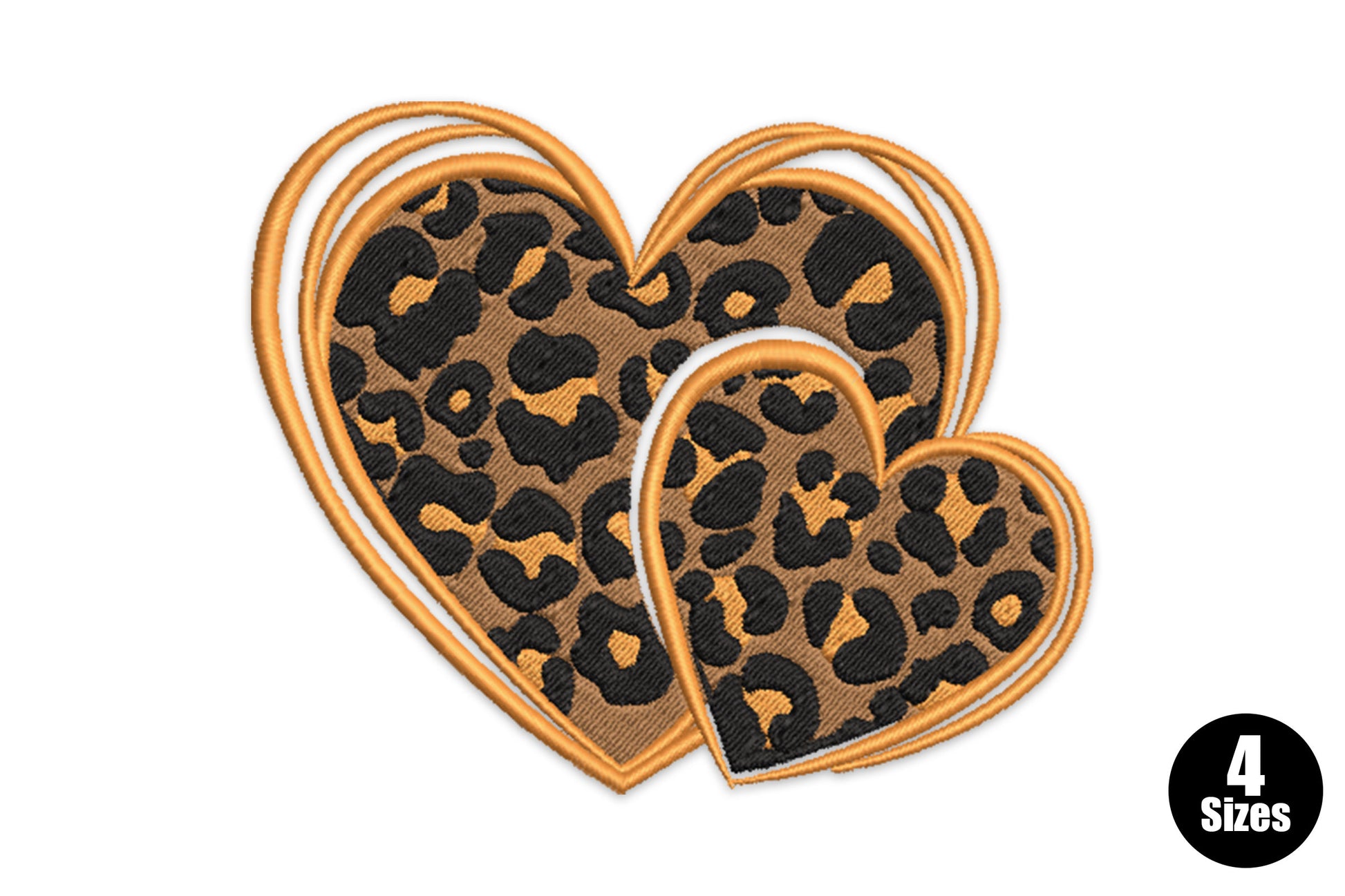 Leopard print double heart embroidery design with two overlapping hearts filled with brown, orange and black leopard spots and triple satin outline borders.
