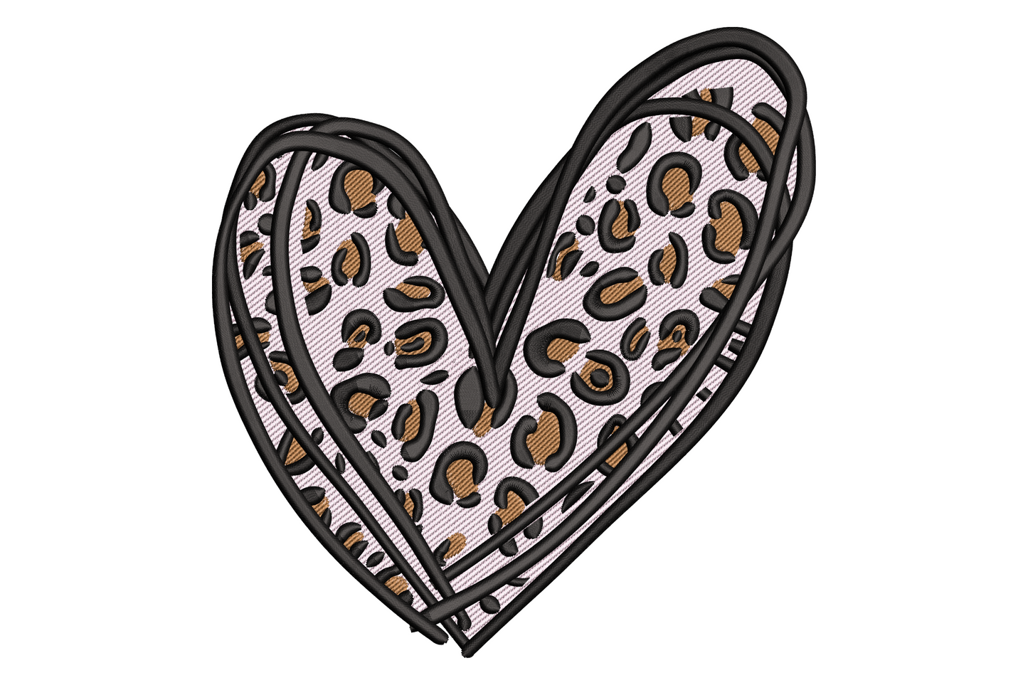Leopard print heart machine embroidery design with blush pink fill, tan spots and black sketchy border, 3 colours on white background