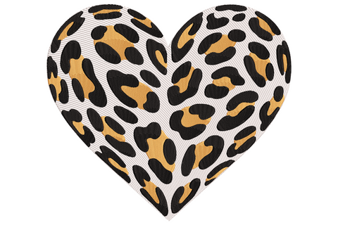 Leopard print heart embroidery design filled with tan and brown animal print spots on white fabric, bold Valentine design