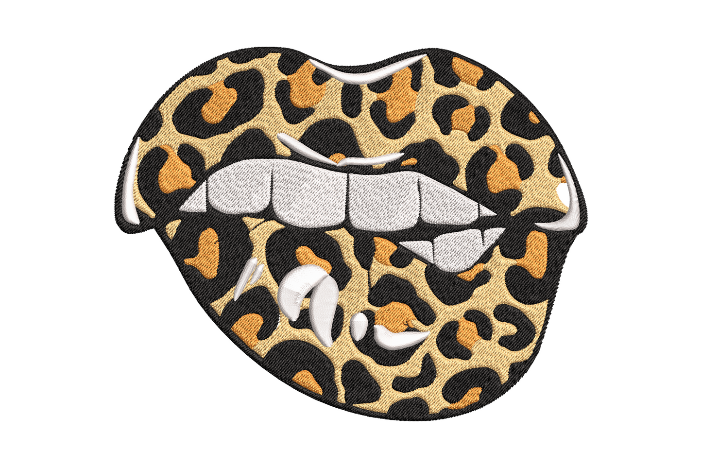 Leopard print lips embroidery design with scarlet base coat, irregular black spot clusters, and amber fill creating a bold wild-print fashion graphic.