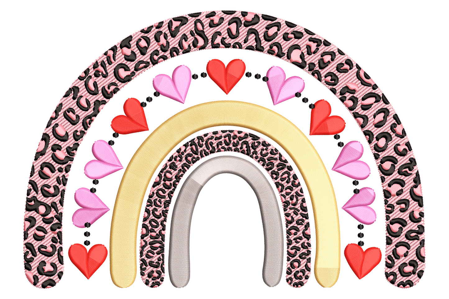 Leopard print rainbow embroidery with pink and grey arches, peach middle band and red and pink hearts in a chain row.