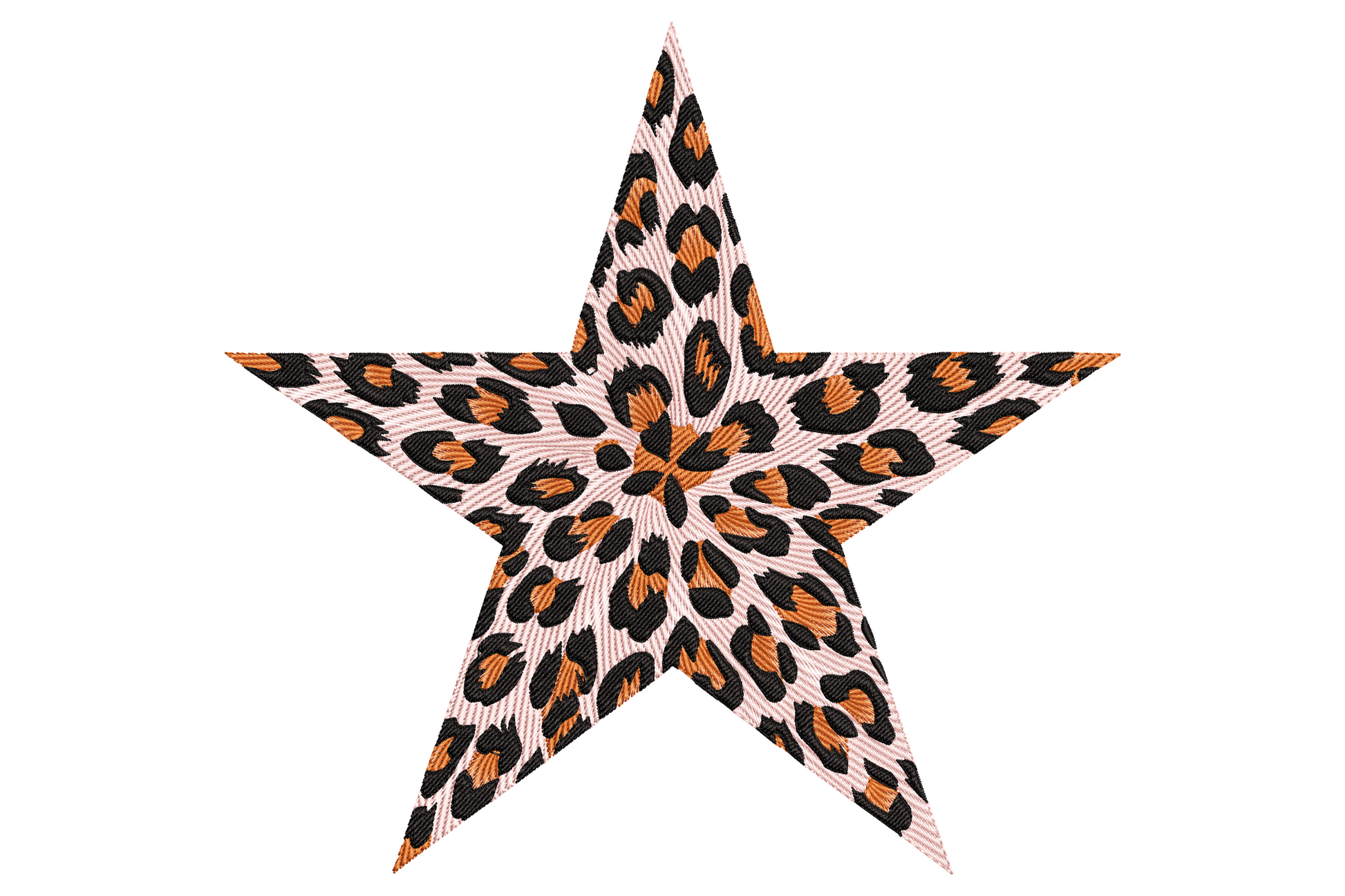 Leopard print star embroidery design with caramel tan, chocolate brown and black rosettes filling a bold five-point star.