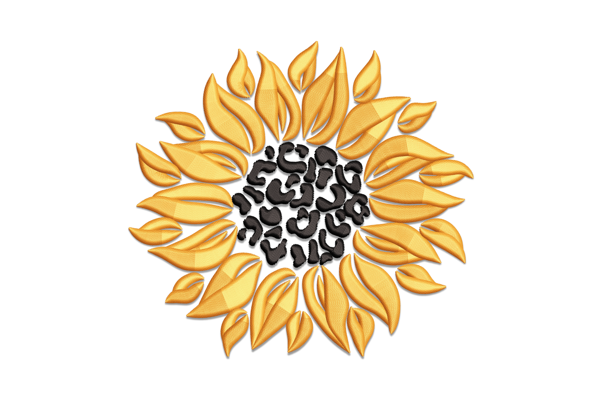 Leopard print sunflower embroidery design with orange satin petals and a black spotted center