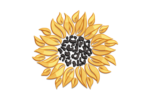 Leopard print sunflower embroidery design with orange satin petals and a black spotted center